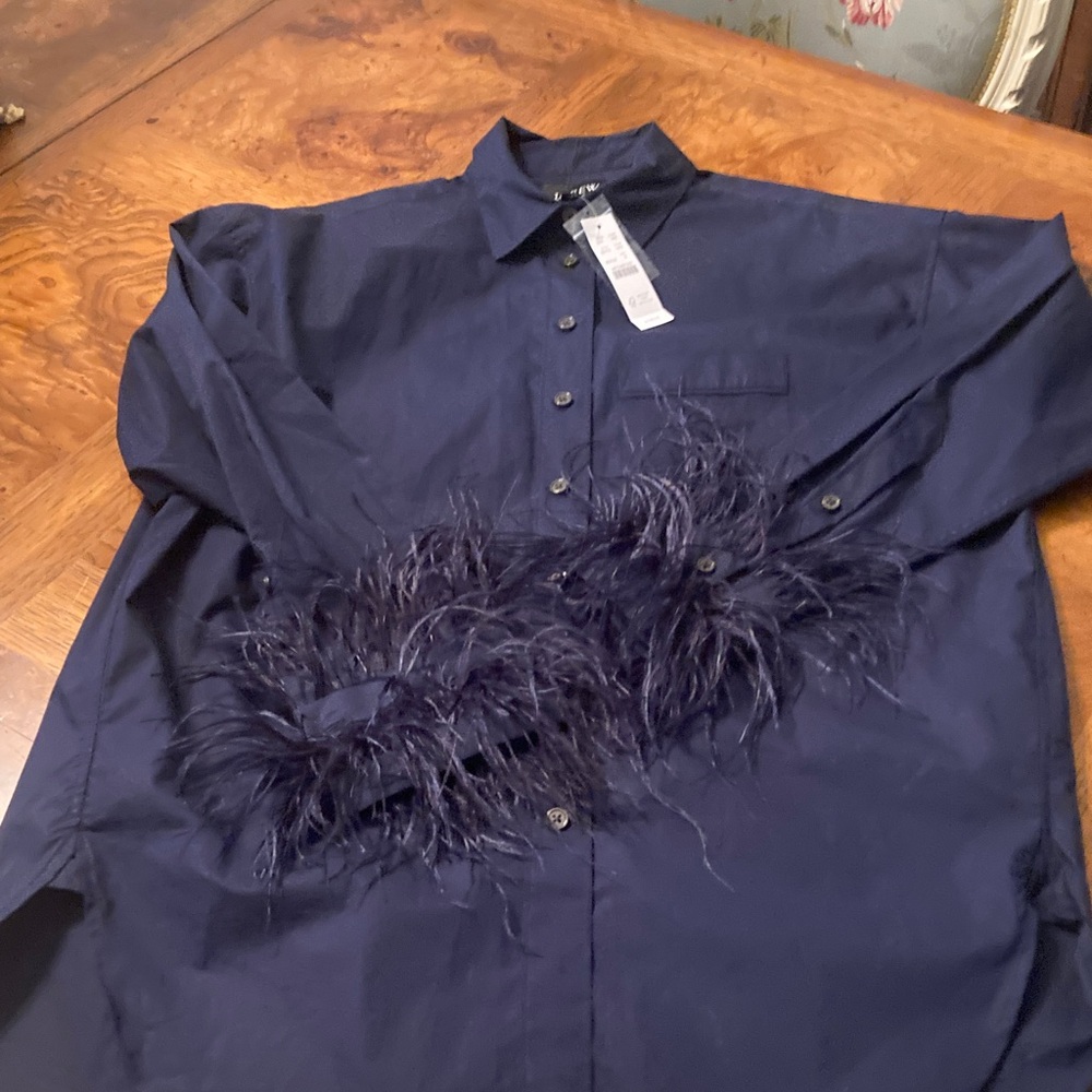 J. Crew Women's Navy Feather-Trim Blouse. Size 6 New with tags.